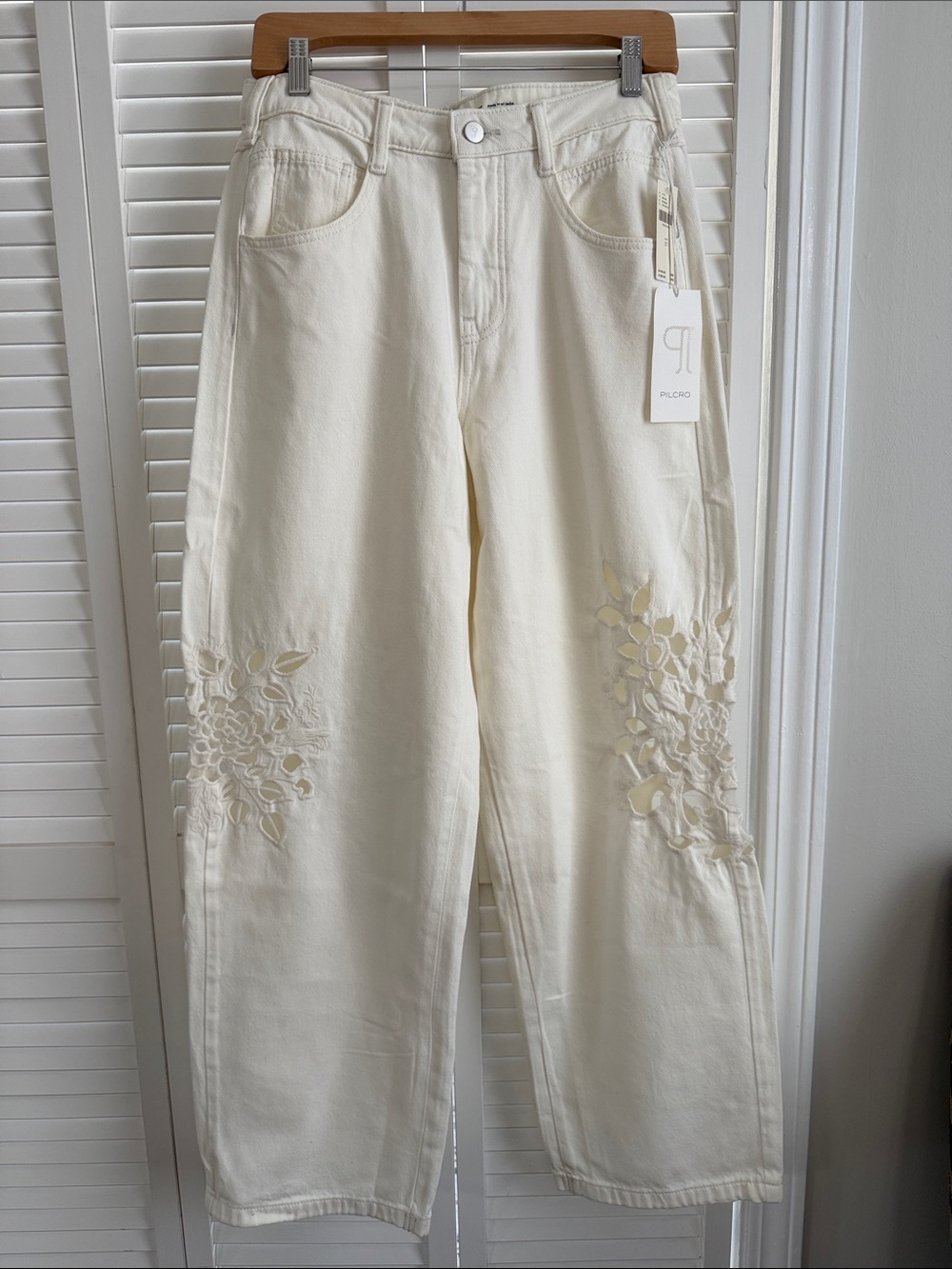 Pilcro Cream Wide-Leg Jeans with Floral Cutwork